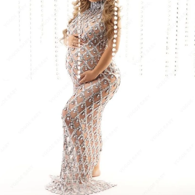 Sexy Maternity Photography Dress Perspective Rhinestone Turtleneck Dress Sleeveless Sequined Skinny Dress Baby Shower Dress