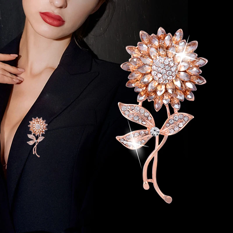 

SINLEERY Luxurious Champagne Cubic Zircon Flower Brooch Pin For Women New Arrival Party Jewelry Women's brooch SSK