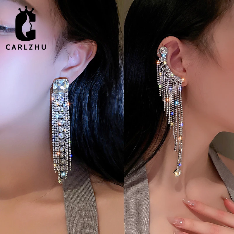 

Asymmetric Shiny Full Rhinestone Long Tassel Drop Earrings Oversize Crystal Dangle Earrings Fashion Jewelry Valentine's Day Gift