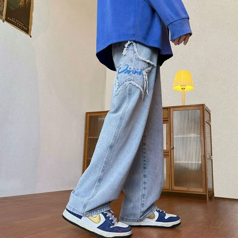 Джинсы мужские прямые со звездами дешевые ковбойские брюки одежда в Корейском