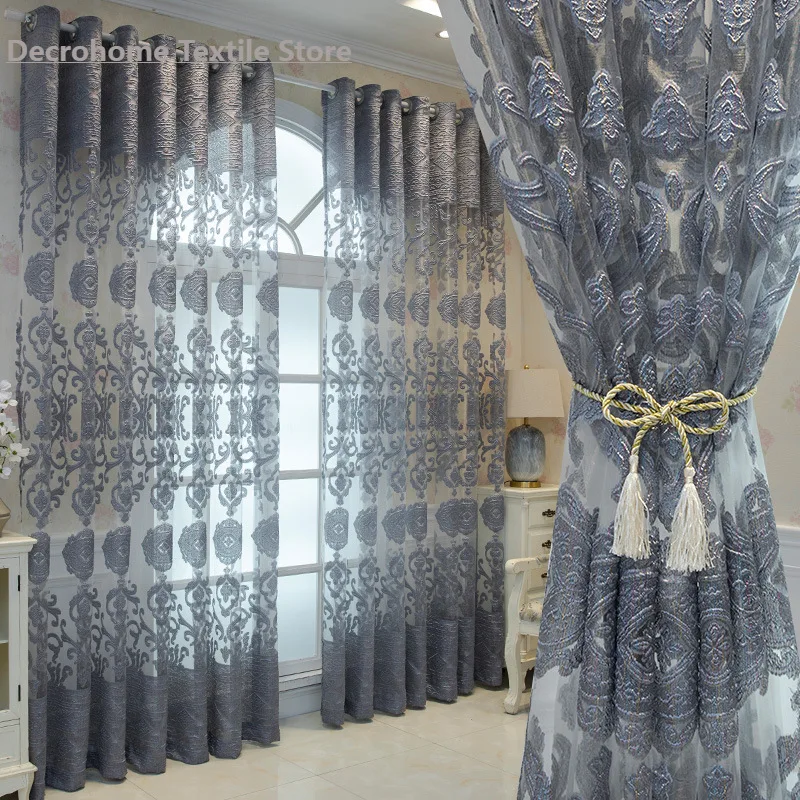 

New European-style Hollow Luxury Curtain Gray High-end Embroidered Decorative Curtain Curtains for Living Dining Room Bedroom