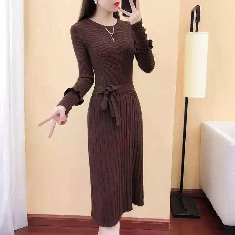 

Women's Dresses Party Cover Up Female Dress Knee Length Clothing Prom Midi Pleated Crochet Formal Solid Autumn and Winter Knit