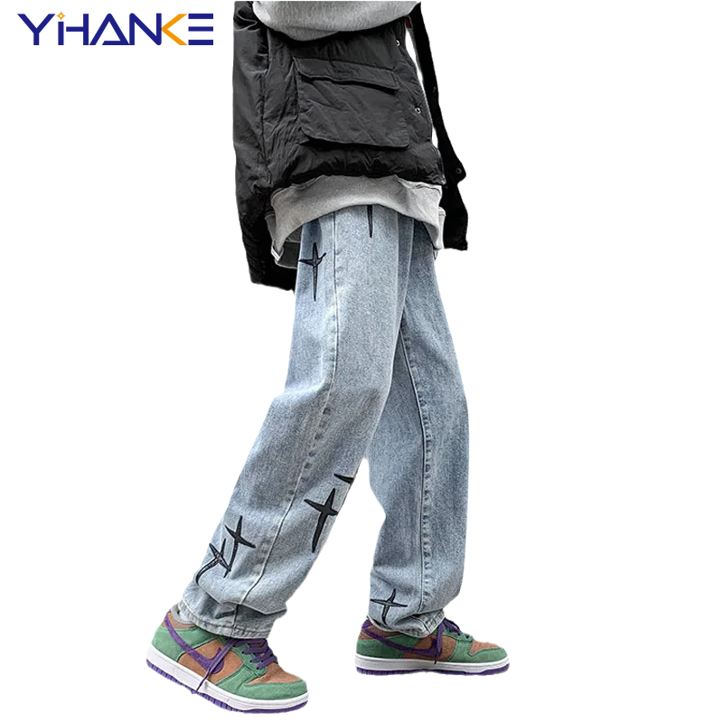 Embroidered Jeans Men's Y2k Straight Trousers Autumn New Korean Fashion High Street Hip-hop Style Loose Wide-leg Trousers Trend