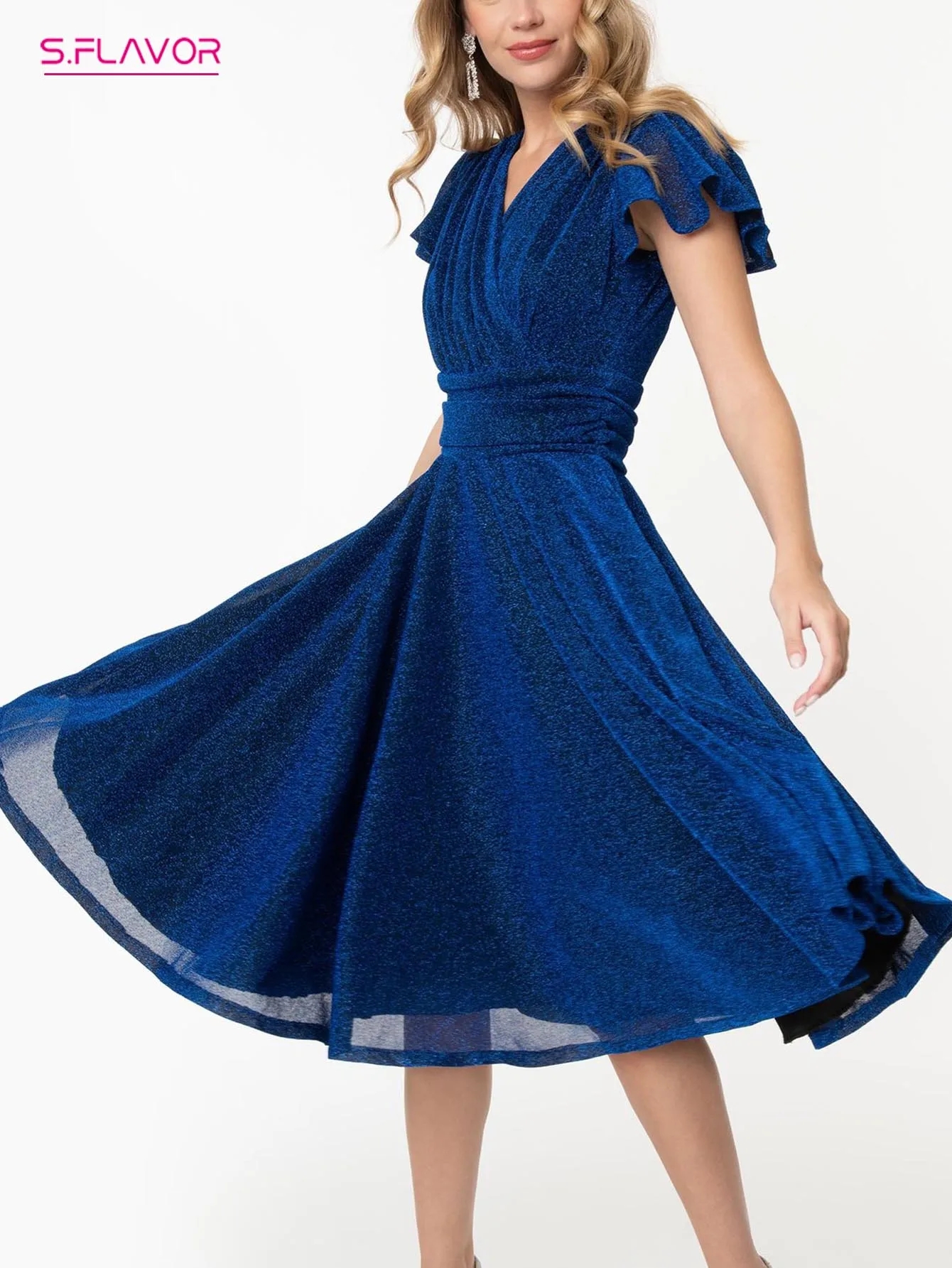 Женское сценическое платье S.FLAVOR голубое облегающее платье-трапеция с
