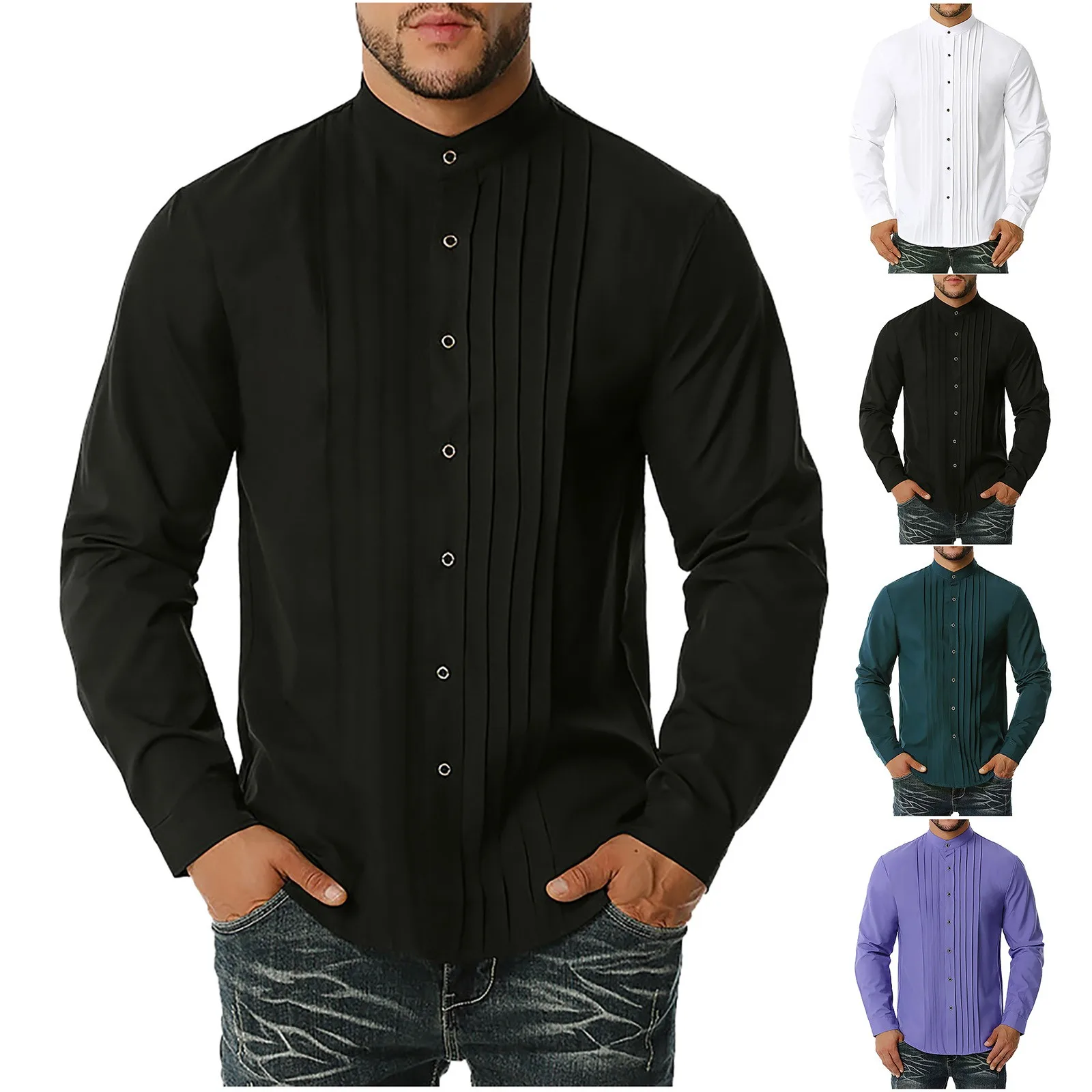 

Рубашка в полоску с воротником-стойкой и длинными рукавами