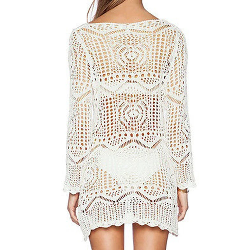 

New Sexy Lace Hollow Knit Beach Dress Swimwear Crochet Beach Mini Dress Round Neck White Women Dress 2023 Summer