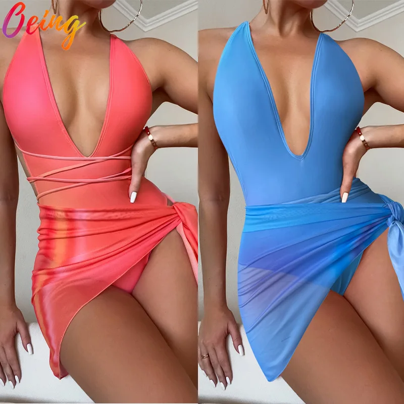 

Сексуальные цельные костюмы oмоэ, Женское боди на шнуровке с глубоким V-образным вырезом, прозрачная сетчатая юбка на шнуровке, купальный ко...