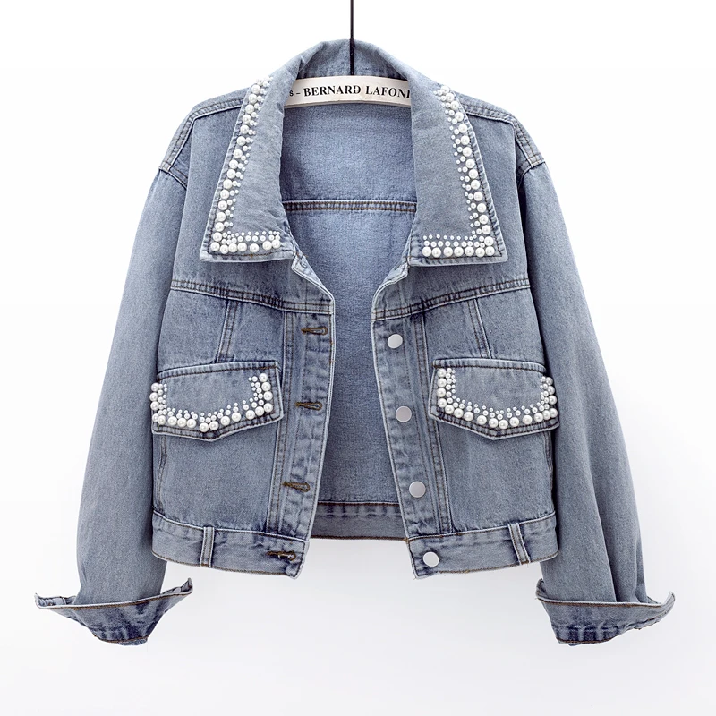

Джинсовая куртка женская с длинным рукавом, винтажный облегающий короткий ковбойский Пиджак из денима с бисером, Корейская верхняя одежда, ...