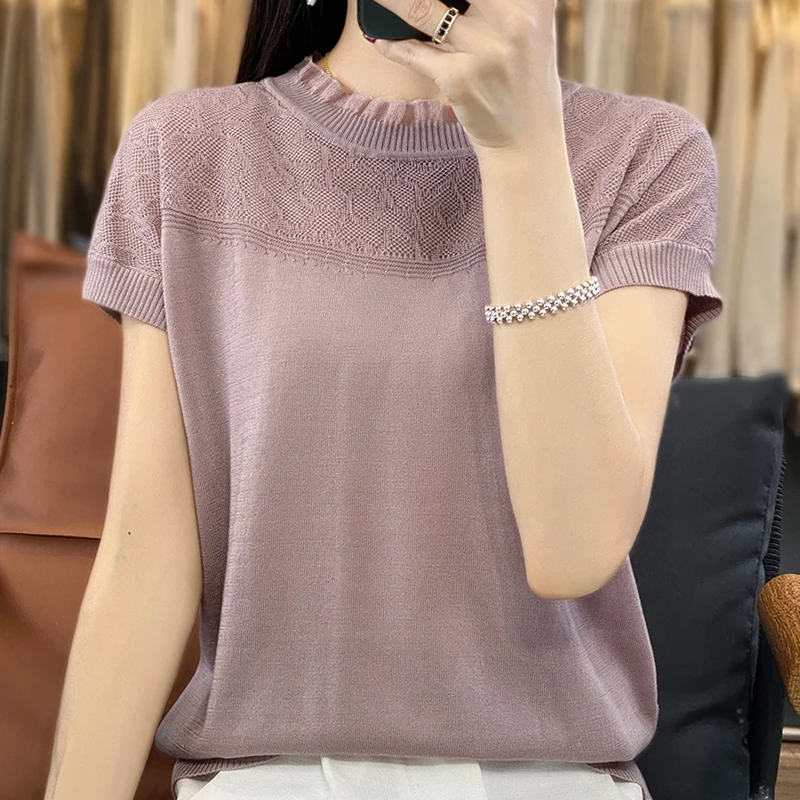 Летние топы вязаный свитер с коротким рукавом Женский пуловер модные женские