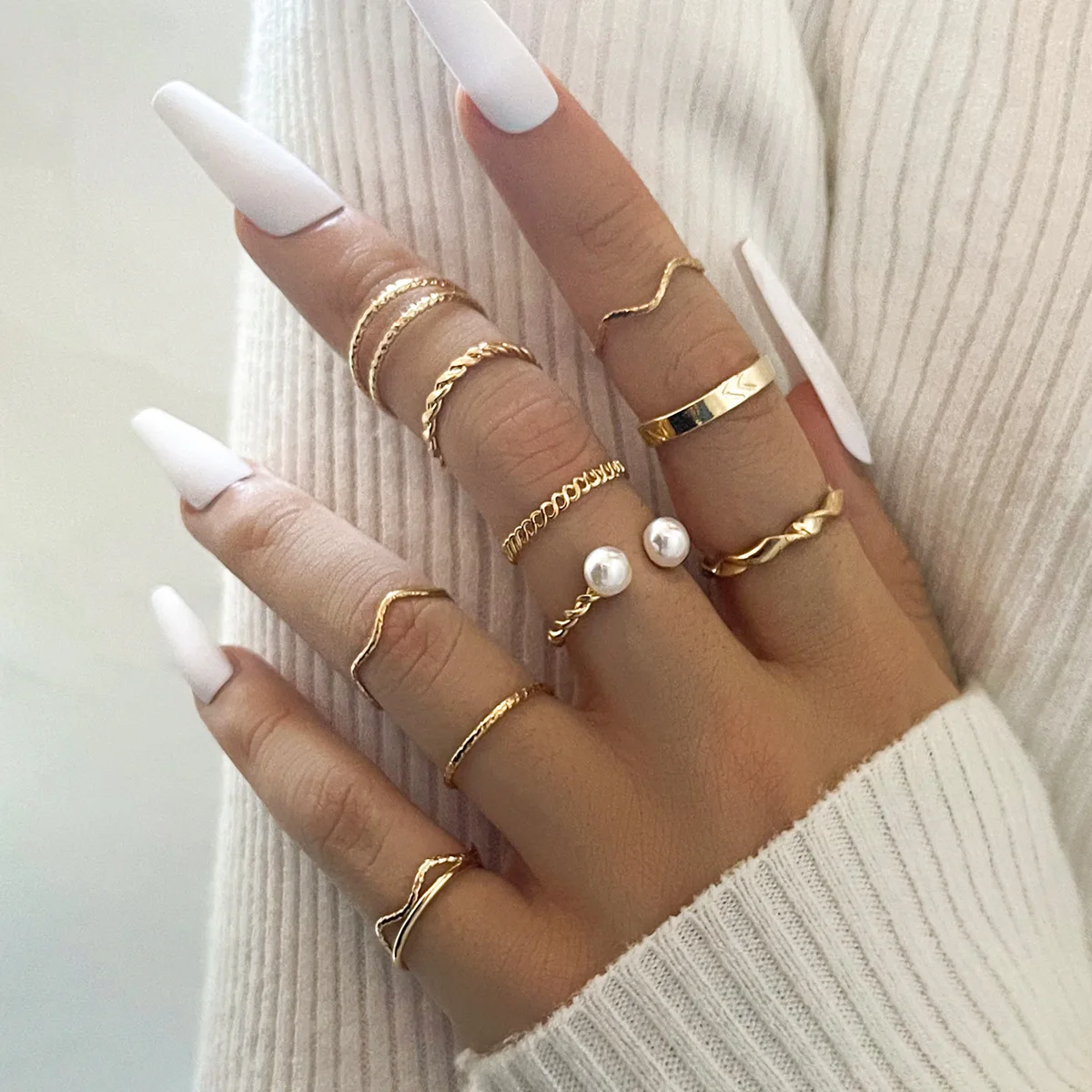 

10pcs Punk Gold Color Chain Rings Set For Women Girls Fashion Irregular Finger Thin Jewelry Gift Female Knuckle Jewellery