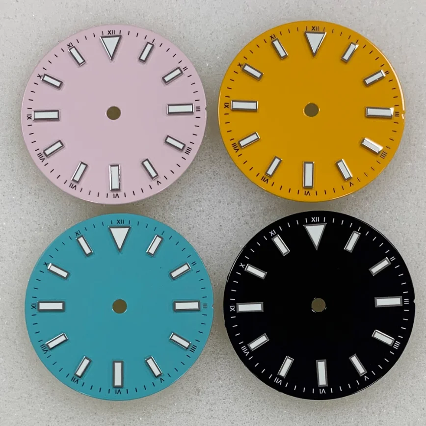 

NO Logo Watch Dial 28.5MM Yellow Pink Red Dial Green Luminous Suitable for NH35/ETA2836/8215/2813 Movements Watch Accessories