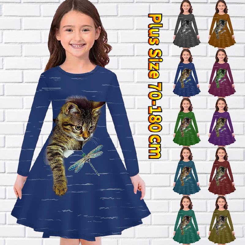 

Осенне-зимняя юбка миди с длинным рукавом, юбка до колена с круглым вырезом для маленьких девочек, модная юбка принцессы с принтом кота и стр...