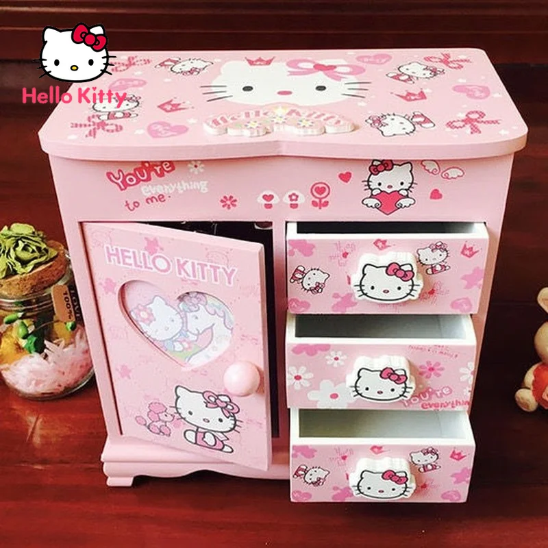 

Hello Kitty Wooden Cartoon Children Bedside Table Pink Cute Jewelry Box Cosmetic Storage Box with Door Drawer Makeup Mirror
