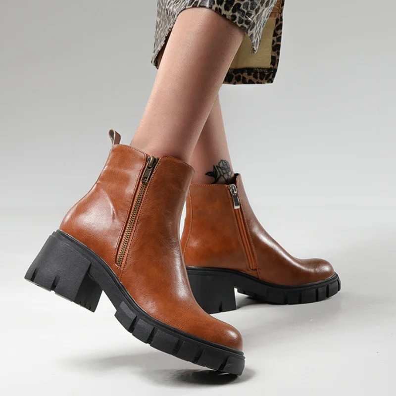 Ankle Boots Thick Soled Women's Leather Boots Round Head Elastic Belt Fashionable Thick Soled Women's Shoes Genuine Leather New