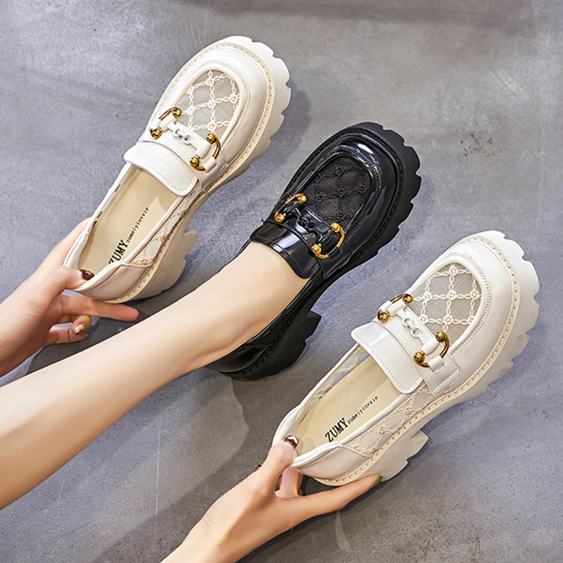 2023 Genuine Leather Female Elevator Shoes Sandals Hollow Mesh Summer Fashion Platform Wedge Chunky Comfy Women Loafer Shoes