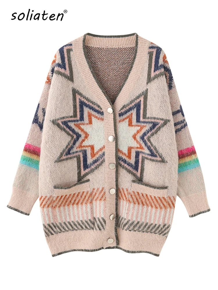 Fall Winter Fuzzy Knit Geometric Print Cardigan Sweater High Street Soft & Warm Jumper Button-up Female Tops C-041
