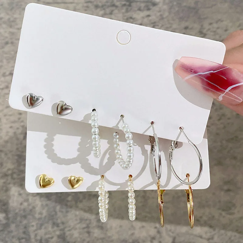 

Vintage Delicate Love Heart Stud Earrings Set Charm Pearl Circle Hoop Earring Simple Women Girls Trendy Party Jewerly Gift