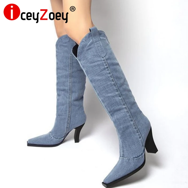 

IceyZoey Knee Boots High Heel Shoes Sqare Toe Long Boots Solid Color Denim Vintage Fashion Women Footwear Size 35-40