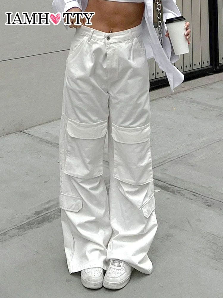 

IAMHOTTY American Style Oversized Denim Cargo Pants White High Waist Baggy Jeans Casual Grunge Wide Leg Trousers Vintage Street