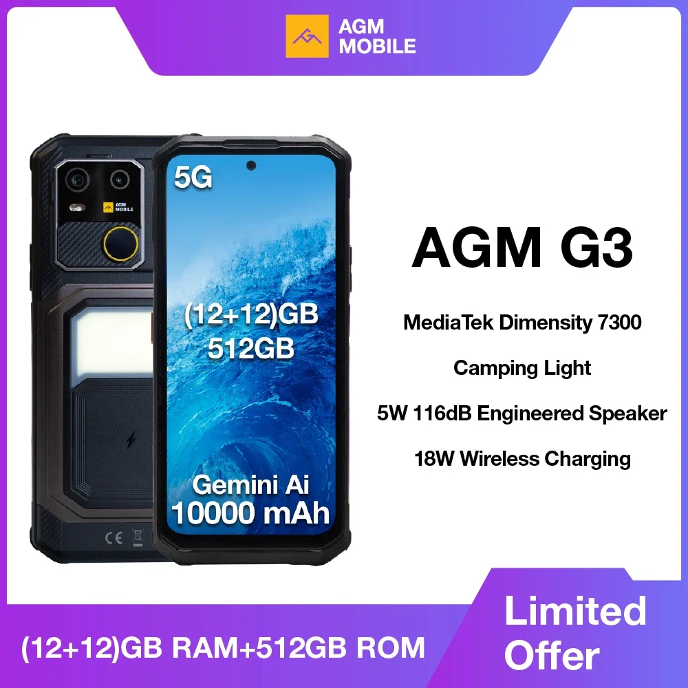 Фото Прочный телефон AGM G3 5G, 24 ГБ (12+12) ОЗУ, 512 ГБ ПЗУ, беспроводная зарядка, аккумулятор 10000 мАч, экран 6.72 дюйма 120 Гц, процессор Dimensity 7300, Android 15, фонарь для кемпинга №1