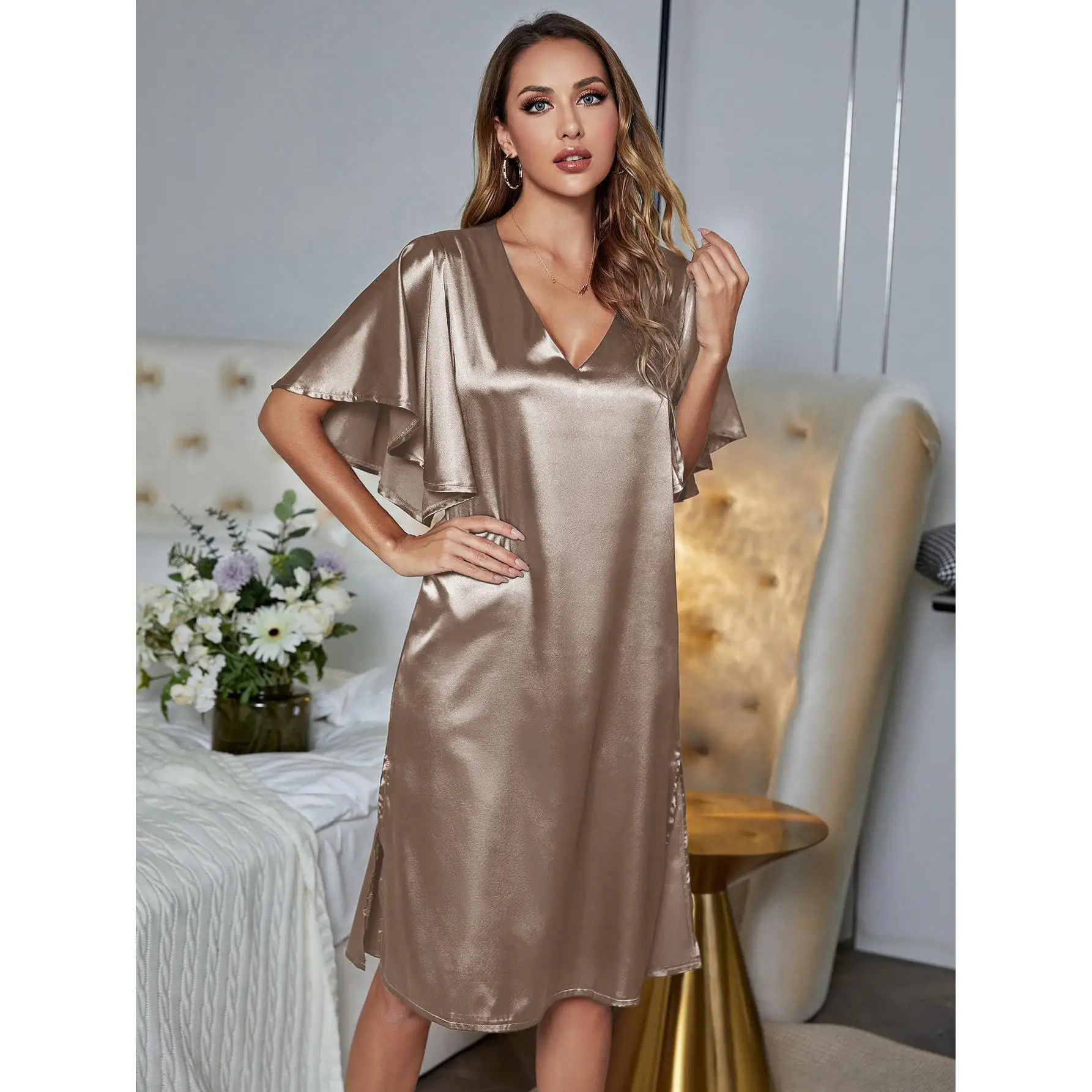 Pajamas Women's Silk-like Nightgowns Sleepshirts High-Grade Home Wear Ice Silk Nightdress Women's Summer Underwear Women's Sleep