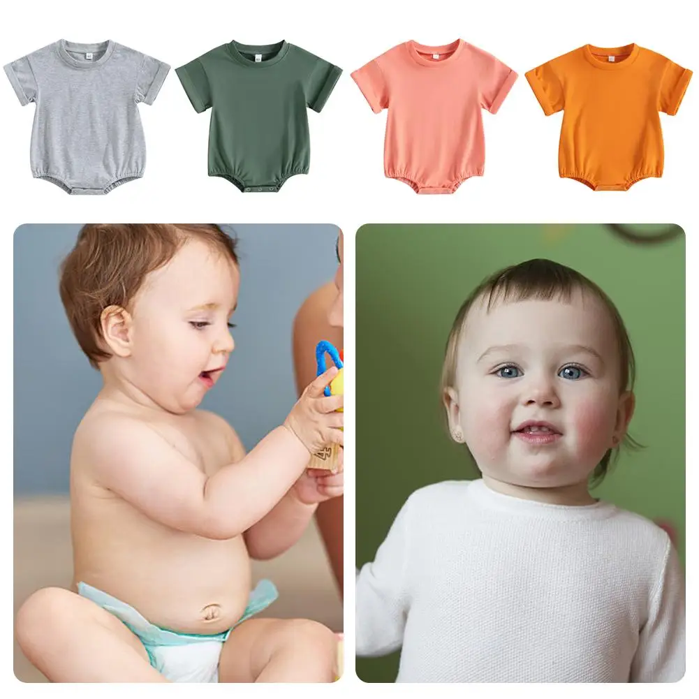 

2023 Summer Toddler Baby Girls Romper Turndown Collar Cartoon Bodysuit Cotton Infant Short Sleeve Solid Girls Bear J2h4