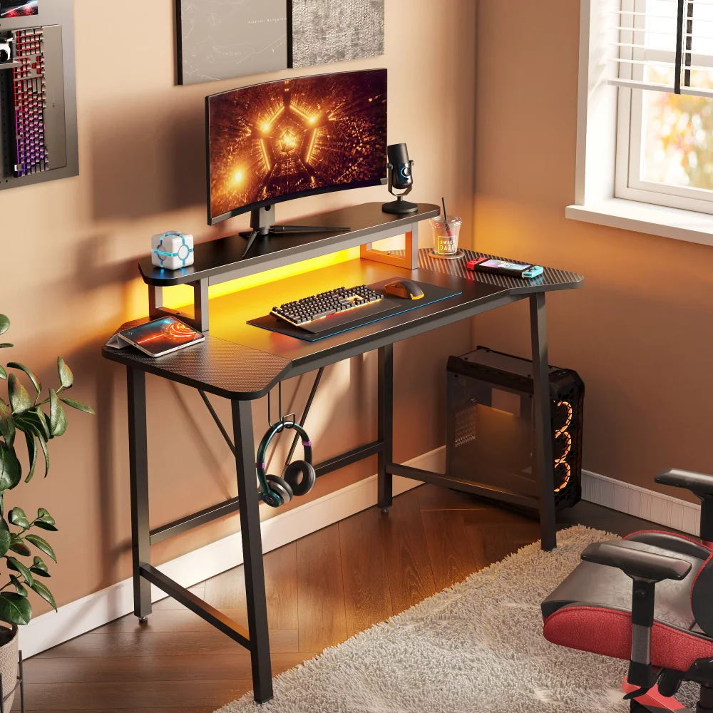 

50.3" Gaming Desk Computer Office Table with LED Lights Monitor Stand, P2 Particle Board + Carbon Fiber + Metal Frames