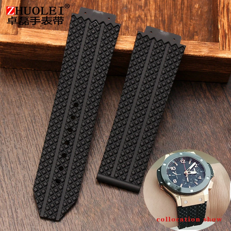

For Hublot strap BIG BANG authentic Watchband stainless buckle free tool New Black Silicone Men Rubber watchband25*19 two style