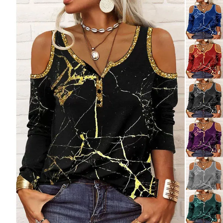 

Fall 2021 New Long-sleeved Cracked Printed Off-the-shoulder T-shirt Women's Top
