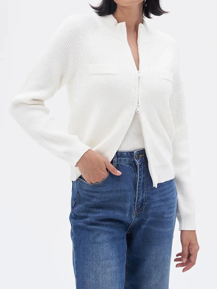 Однотонное женское пальто-кардиган с двусторонней молнией свитер