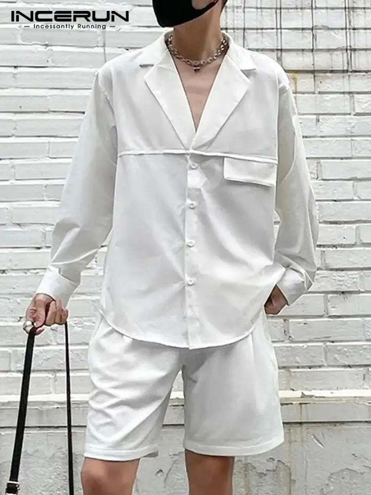 

INCERUN Men Sets Patchwork Lapel Long Sleeve Shirt & Shorts 2PCS Streetwear Loose 2022 Breathable Stylish Men Casual Suits