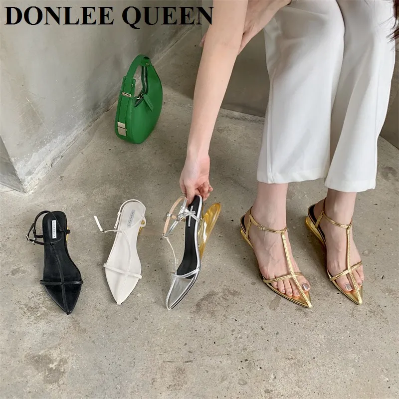 

2022 New Brand Women Sandals Fashion Narrow Band Back Strap Gladiator Shoes Pointed Toe Transparent Wedge Heel Pumps Party Mujer
