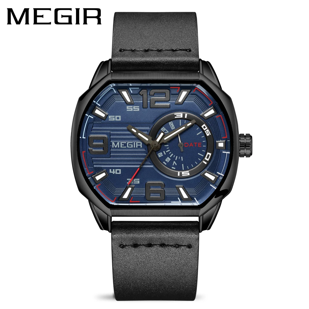 

MEGIR Casual Sport Watches for Men Leather Strap Quartz Watch with Auto Date Luminous Hands Waterproof Octagon Wristwatch 2201
