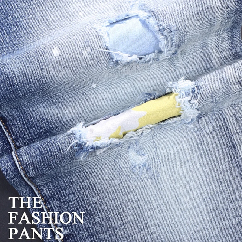 Street Fashion Designer Men Jeans Vintage Retro Light Blue Elastic Slim Fit Ripped Jeans Men Patched Hip Hop Brand Pants Hombre