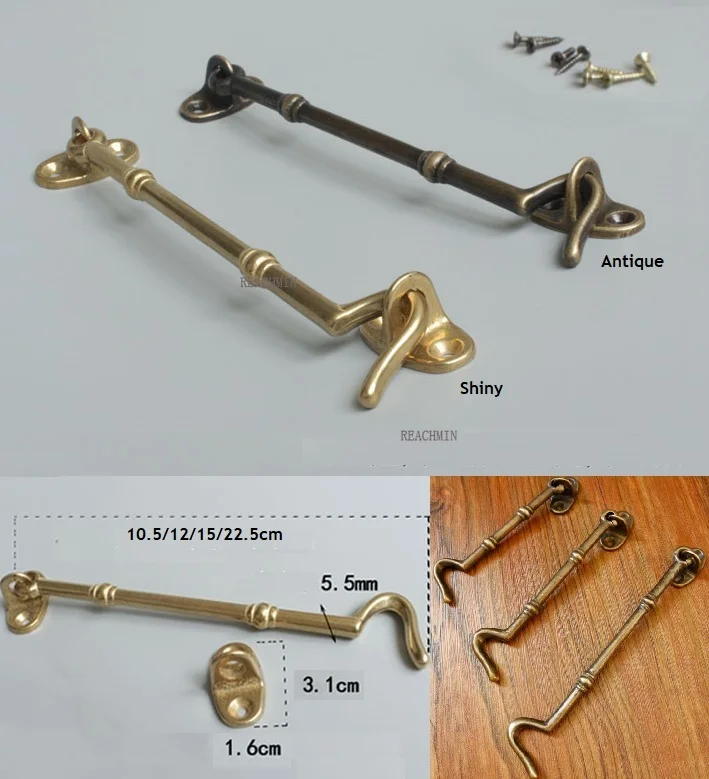 

2Pcs/Lot Solid Brass Cabin Hook Eye Latch Wind-Proof Lock Shed Window Safety Stopper Silent Holder Hasp Vintage Bamboo