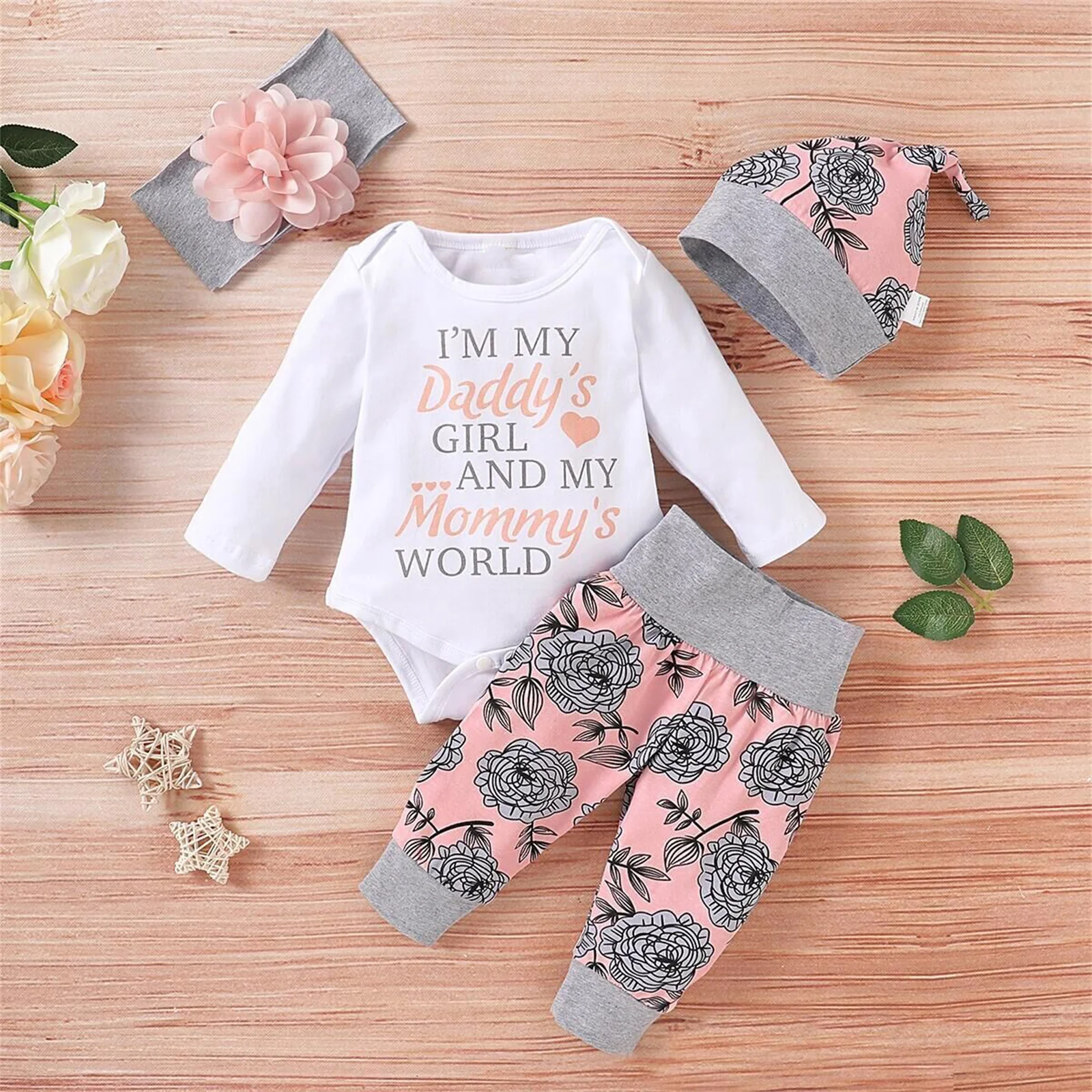 

PatPat 0-18M 4pcs New Born Baby Girl Clothes Jumpsuit 95% Cotton Letter and Floral Print Long-sleeve Newborn Gift Outfit Set
