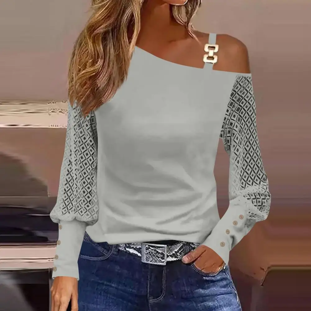 

Shoulder Buckles Women Top Chic Jacquard Hollow Out Long Sleeve Blouses for Women Streetwear for Spring Autumn Seasons Buckle