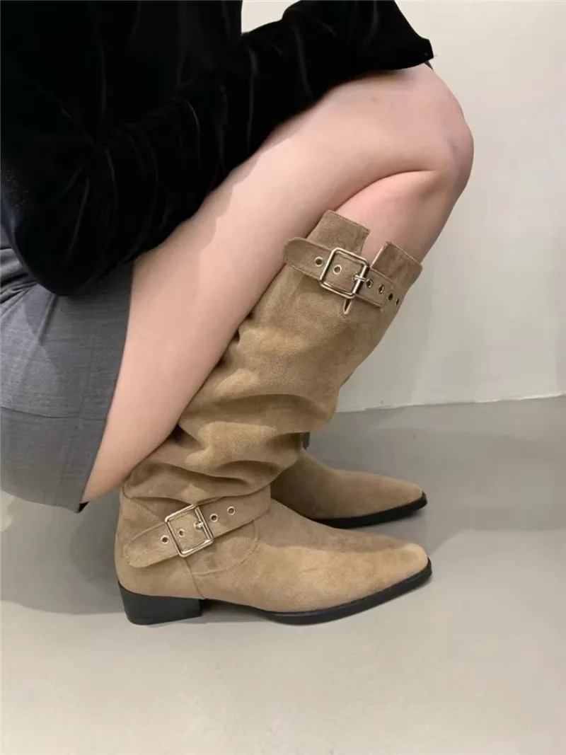 

Женские высокие ковбойские сапоги, модные элегантные сапоги до колена без застежек, на низком квадратном каблуке, женская зимняя обувь