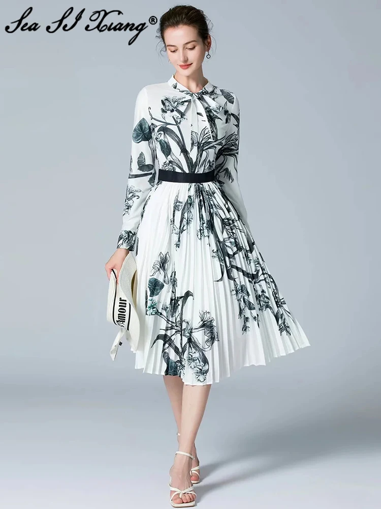 

Женское винтажное платье миди Seasixiang, дизайнерское летнее платье на шнуровке с воротником, длинными рукавами и цветочным принтом