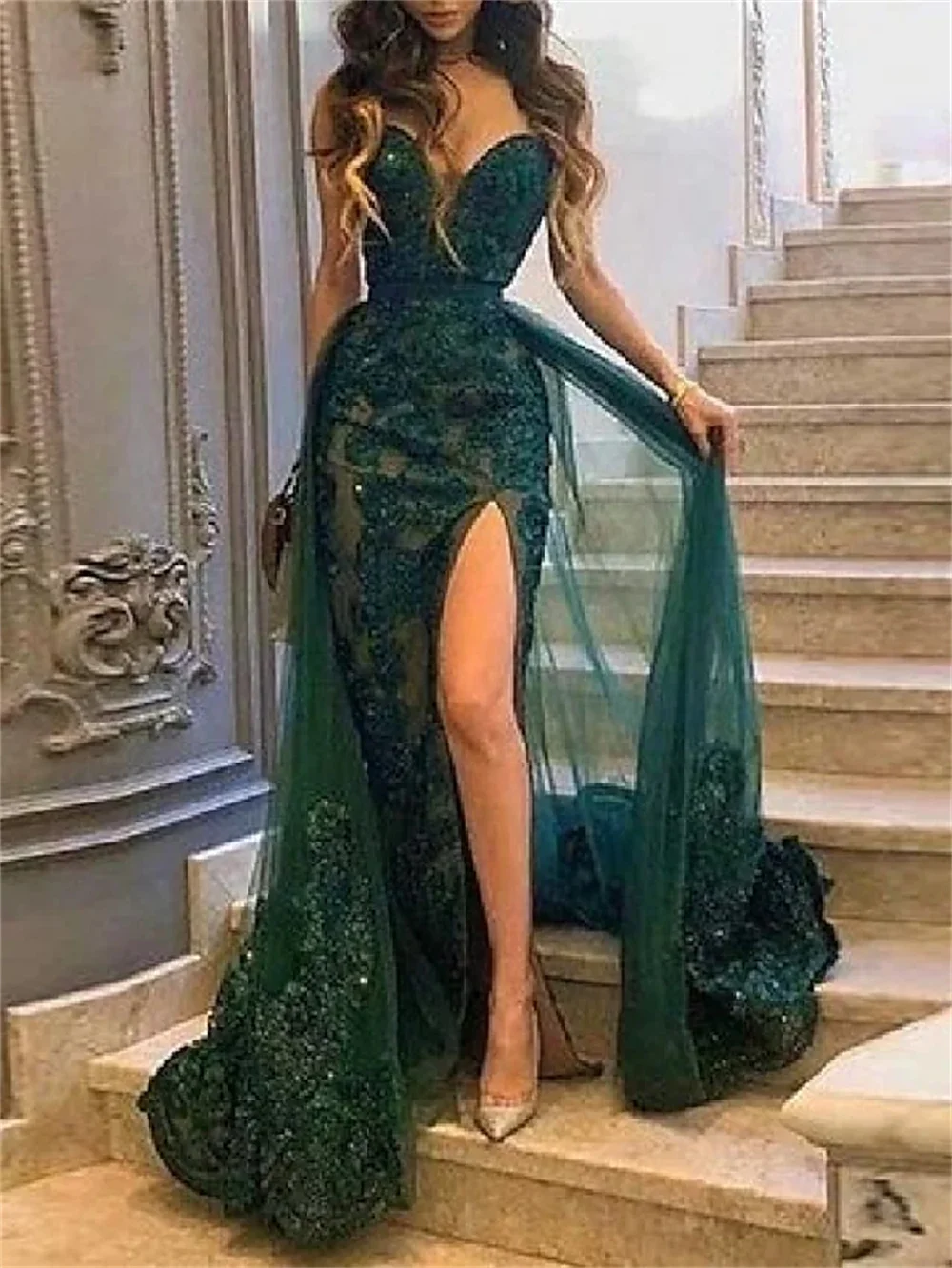 

Mermaid / Trumpet Prom Dresses Emerald Ladies Green Formal Evening Court Train Sleeveless Strapless Tulle Slit Appliques 2022