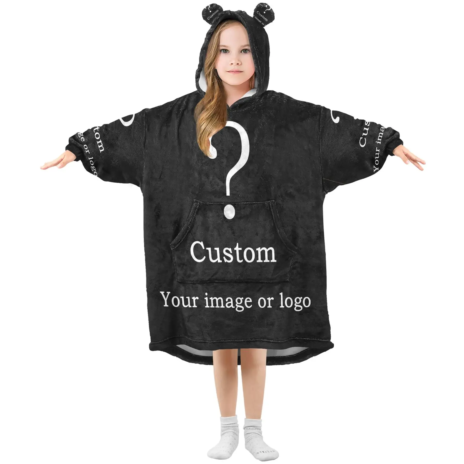 

Winter Kids' Wearable Blanket Custom Pattern Oversized Robe Hoodie Sweatshirt Soft Warm Blanket With Sleeves Pocket Pullover