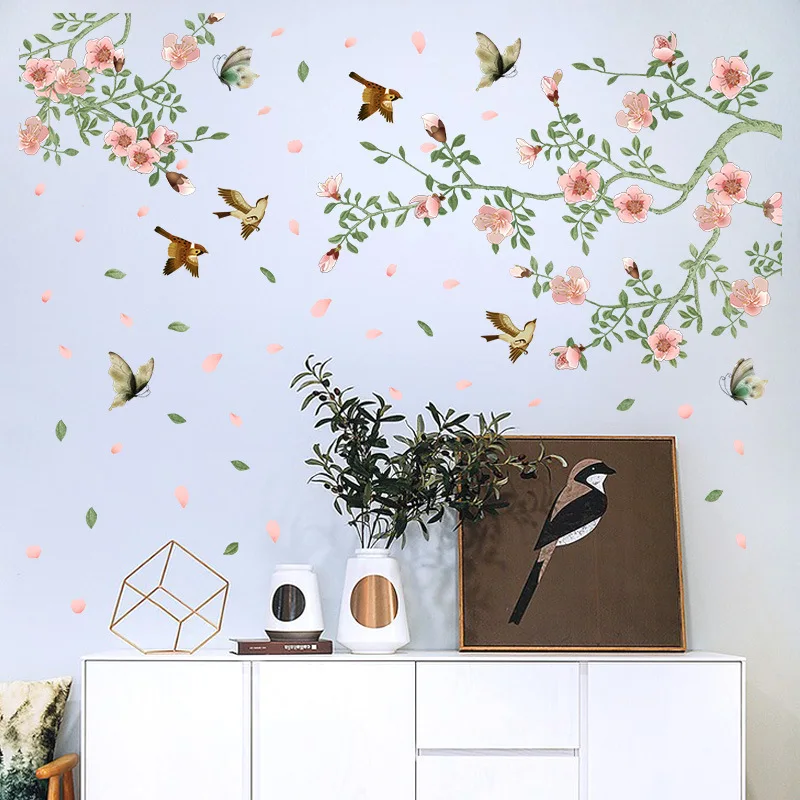 

Large Pink Blossom Spring Flower Birds Wall Sticker Tree Branch Vines Butterfly Birds Flying Decal PVC Floral Room Decor Posters