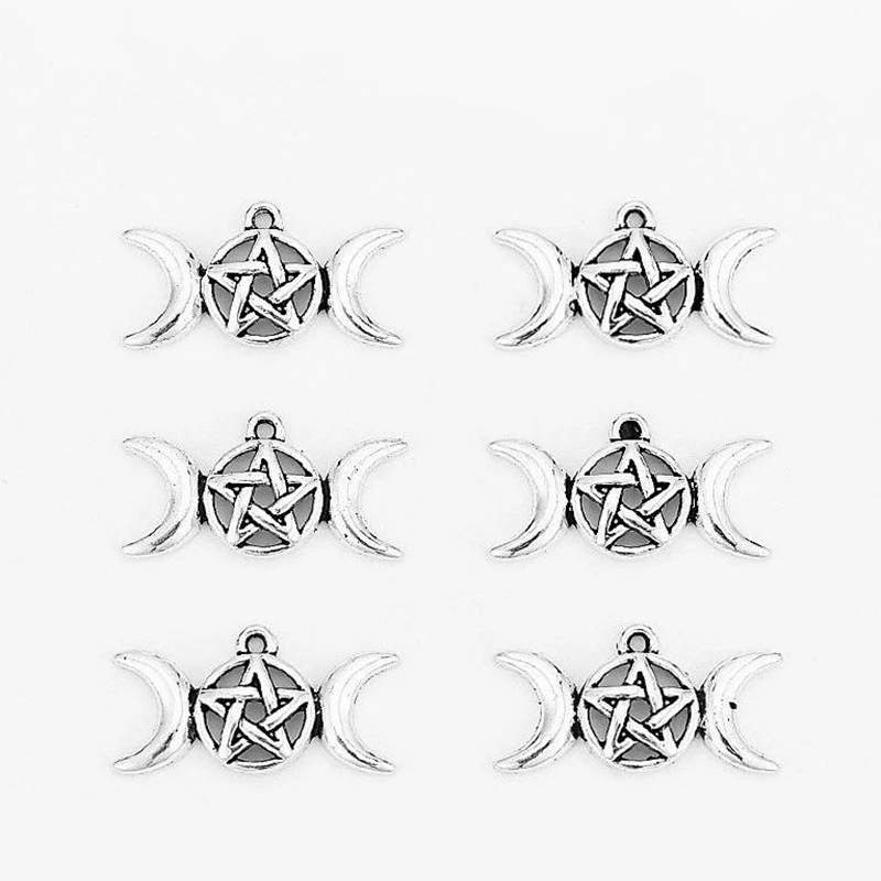 

Wicca Triple Moon Goddess Pendant Charms Fit Necklace Bracelet Pentagram Pentacle Magic Amulet Protection Antique Star 10pcs/Lot