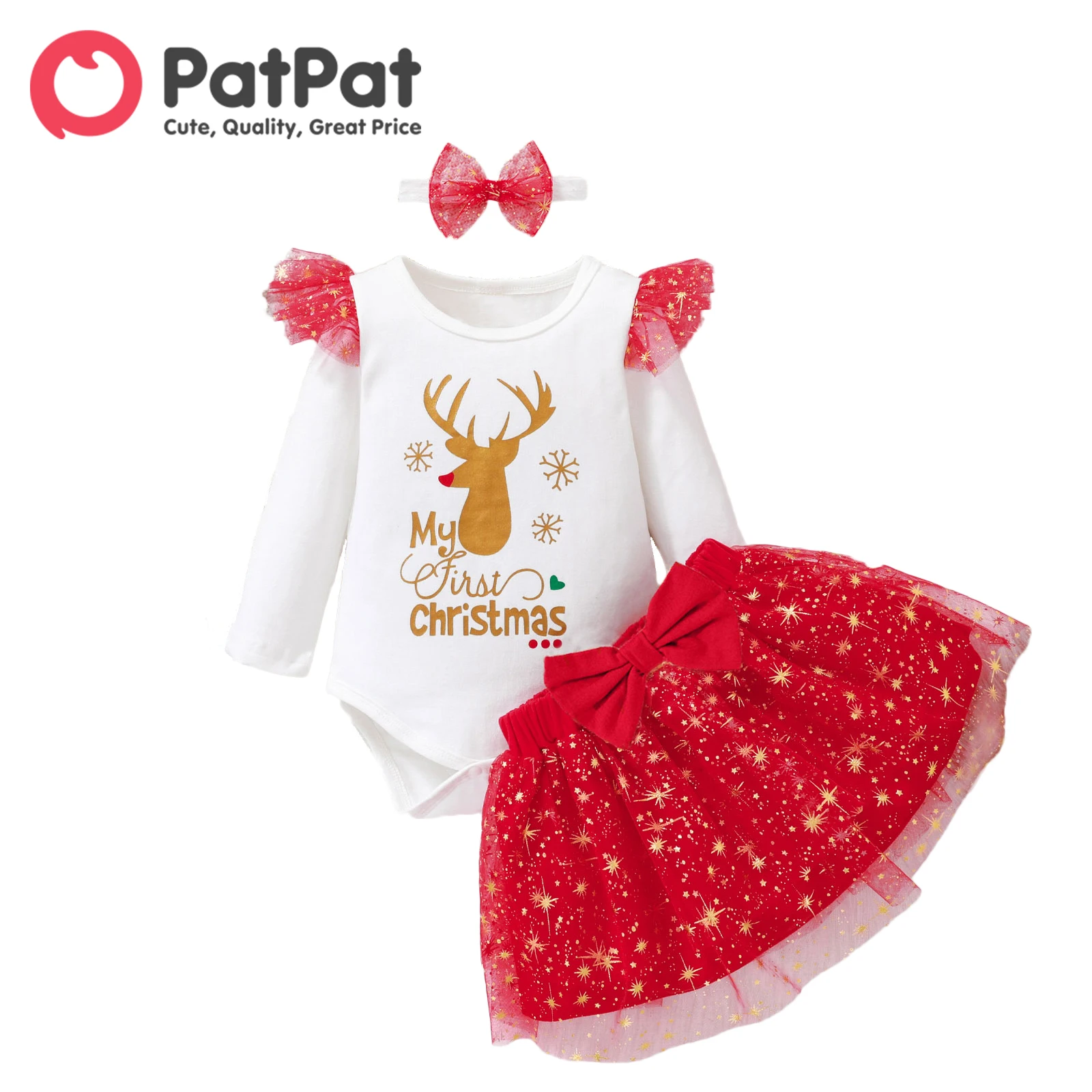 

PatPat Christmas 3pcs Baby Girl Reindeer & Letter Print Ruffle Long-sleeve Romper and Glitter Mesh Skirt with Headband Set
