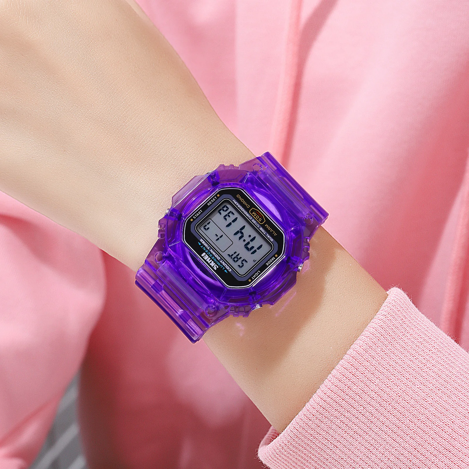 SKMEI New Multifunctional  2 Time Count Down Women Digital Watches Transparent PU Strap Lady Wristwatch Shockproof reloj mujer