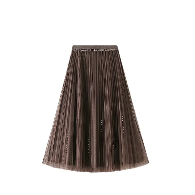 Casual Skirt Winter Korean Reversible Mesh Velvet Tulle Skirt Women Beading High Waist Mid-Length Pleated Skirt Female