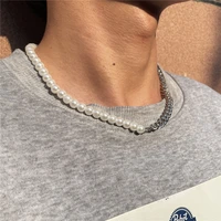 splicing pearl beads chain short choker necklace men punk trendy beaded chain necklace 2022 fashion jewelry on neck collar gifts