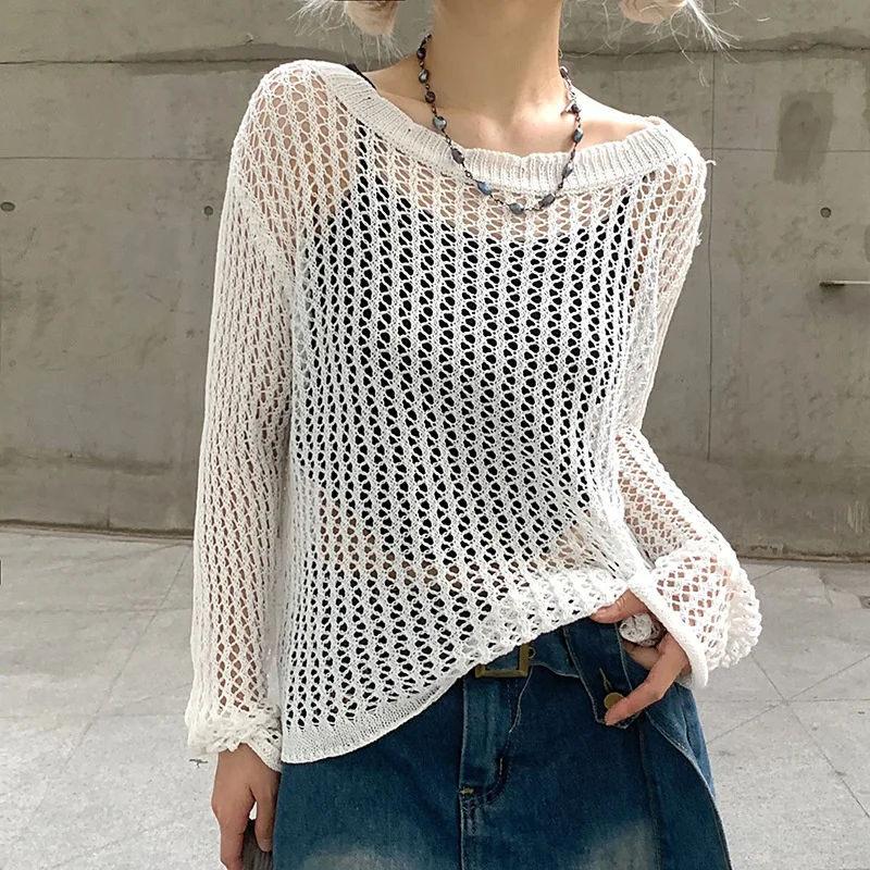 

Vintage Women Hollow Out Sweater Y2K Shirts Loose Casual Grunge Harajuku Clothes Pullover Knit Pullovers Smock