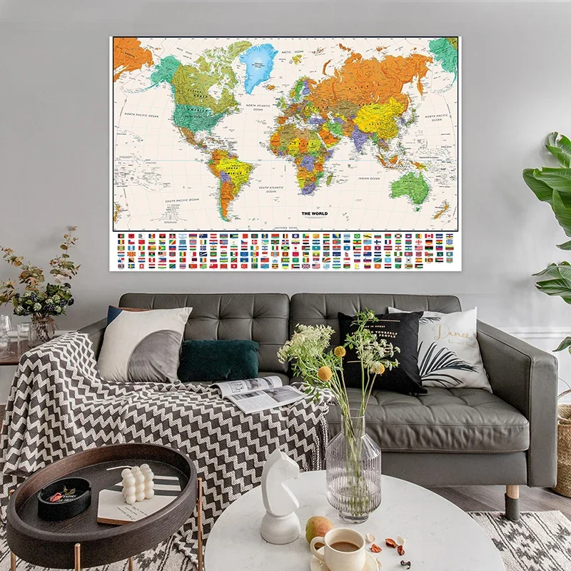 

225*150 cm The World Political Map with National Flag Large Poster Non-woven Canvas Painting Living Room Home Decoration