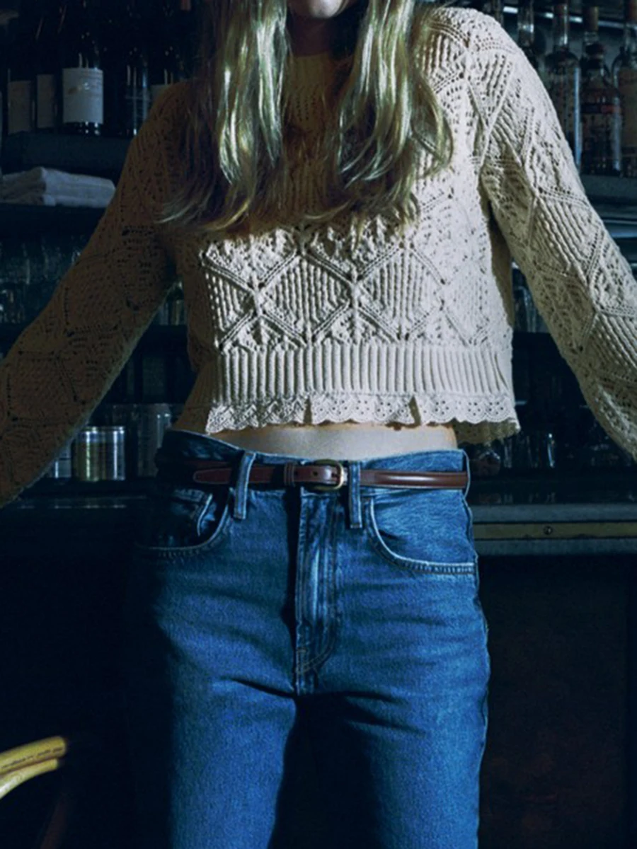 

Однотонный вязаный крючком свитер для женщин с круглым вырезом и длинным рукавом с вырезами жаккардовый укороченный пуловер Топы Модные Простые Джемперы 2023